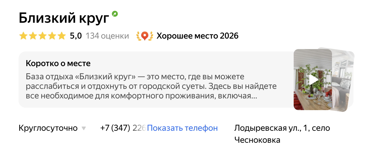 Карточка Близкий круг в Яндекс.Картах