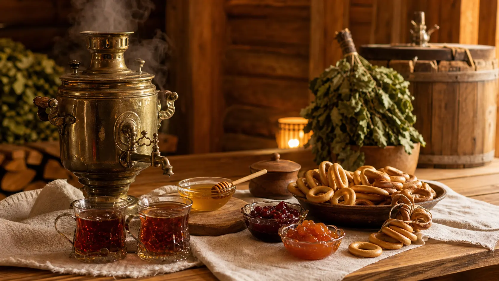 Накрытый банный чайный стол с самоваром, вареньем и сушками